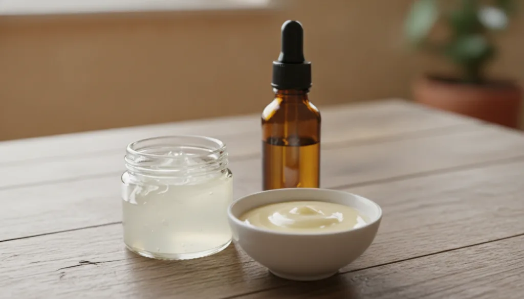 A small container of petroleum jelly and a bottle of liquid Vitamin E next to a small bowl with the mixed ingredients