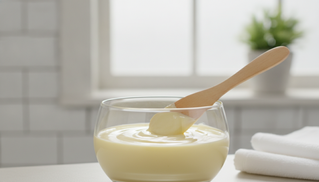 A close-up of a small glass bowl containing a yellow creamy mixture being stirred with a small spatula The texture is sm