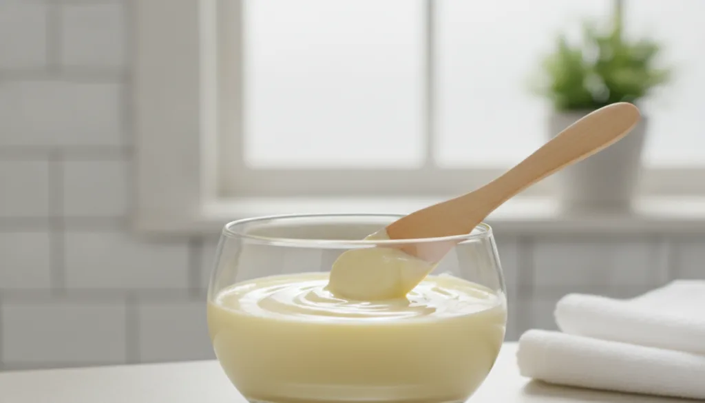 A close-up of a small glass bowl containing a yellow creamy mixture being stirred with a small spatula The texture is sm