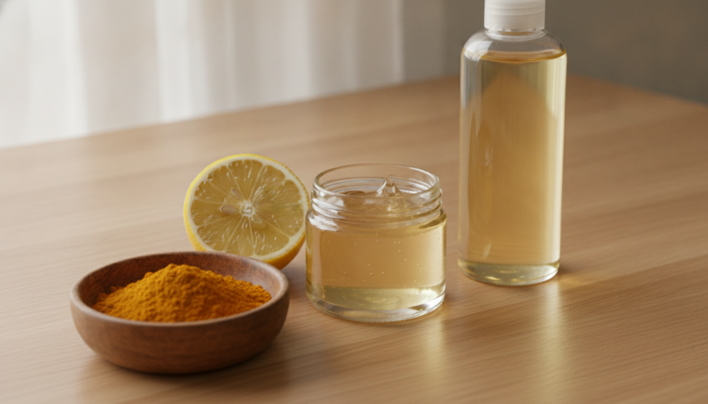 A still life composition showing a jar of Vaseline a sliced lemon a small bowl of turmeric powder and a bottle of baby o