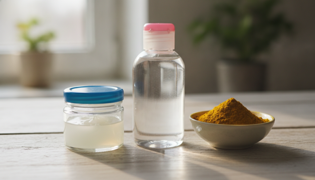 A close-up shot of a small jar of Vaseline a bottle of baby oil and a small bowl of turmeric powder arranged neatly on a