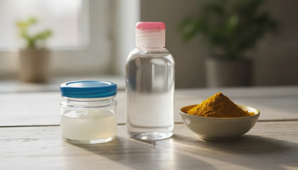 A close-up shot of a small jar of Vaseline a bottle of baby oil and a small bowl of turmeric powder arranged neatly on a