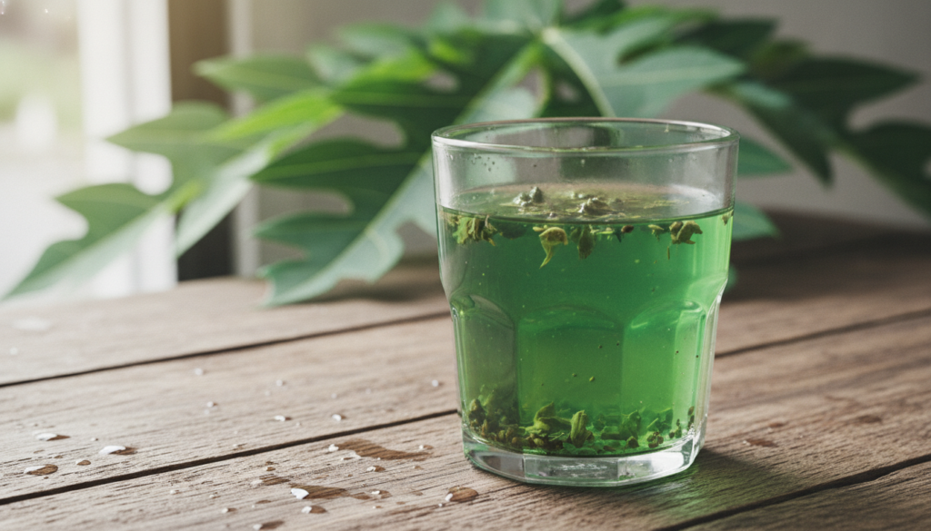 A glass of vibrant green papaya leaf tea on a wooden table with fresh papaya leaves in the background