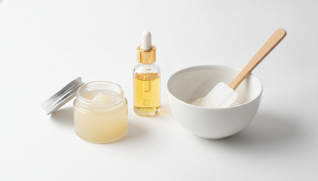 A small mixing bowl with Vaseline and a dropper bottle of almond oil ready for mixing illustrating the preparation of th