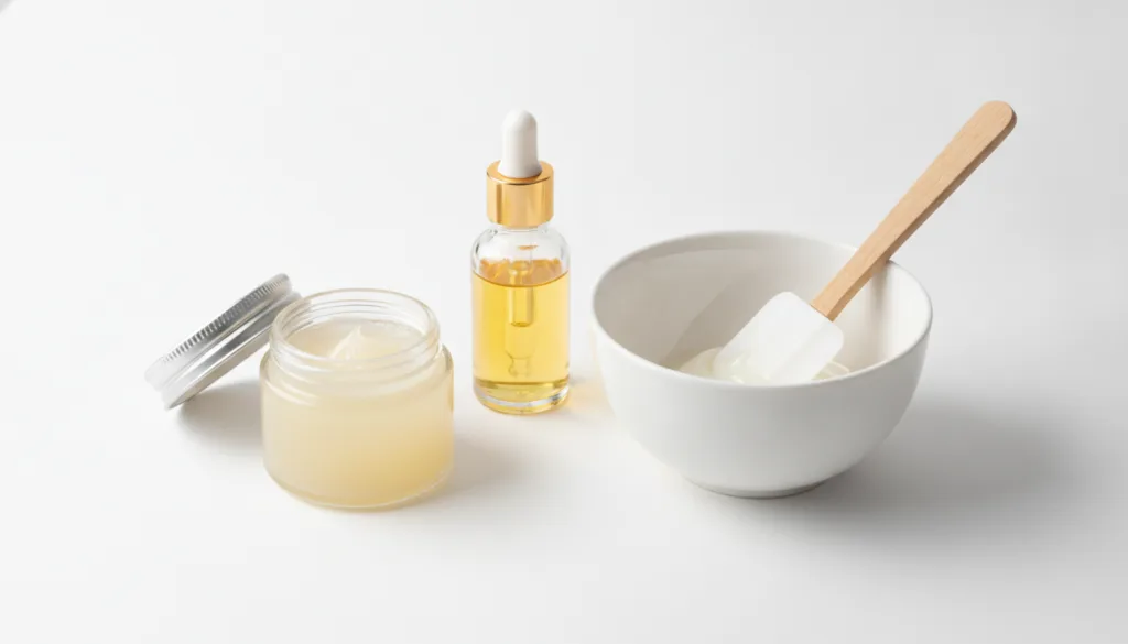 A small mixing bowl with Vaseline and a dropper bottle of almond oil ready for mixing illustrating the preparation of th