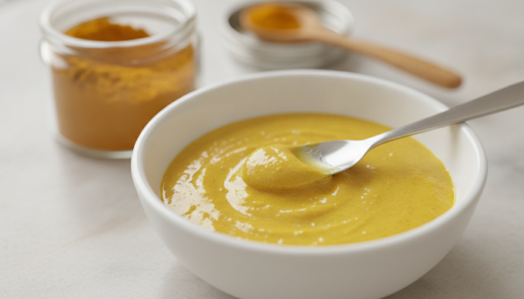 A small white ceramic dish containing a yellow mixture of Vaseline and turmeric powder next to a small container of turm