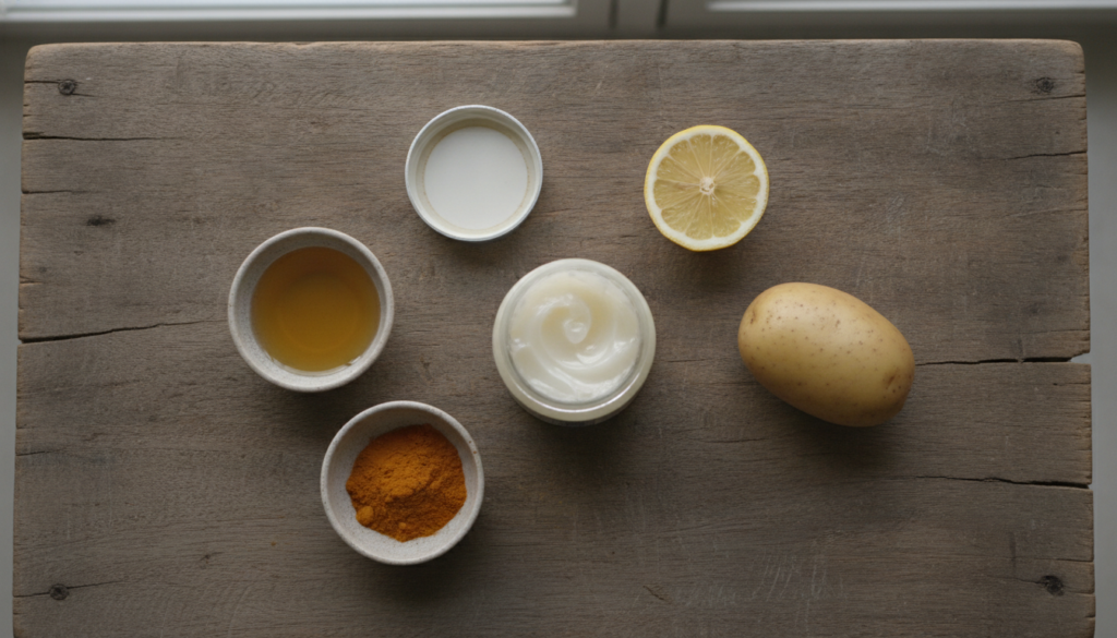 An open jar of Vaseline surrounded by various natural beauty ingredients like almond oil a lemon a small amount of turme