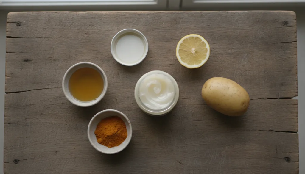 An open jar of Vaseline surrounded by various natural beauty ingredients like almond oil a lemon a small amount of turme