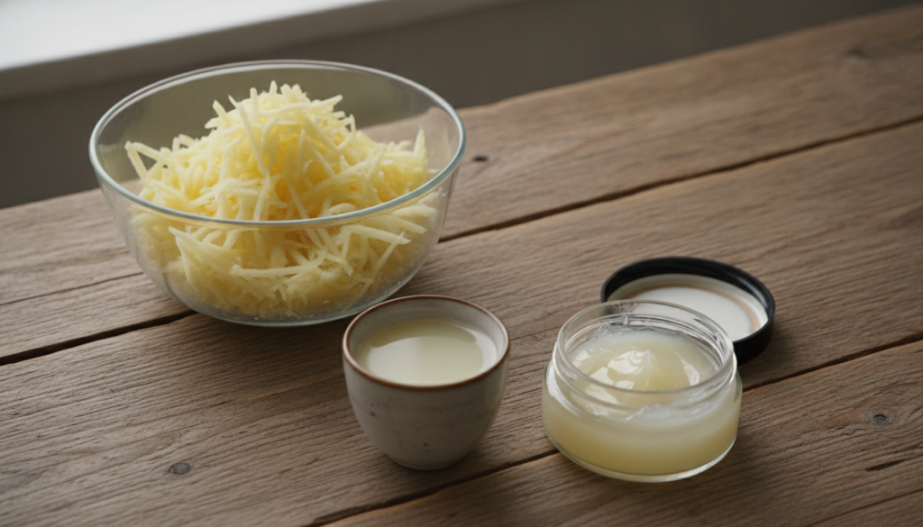 A bowl with grated potato and a small cup of potato juice with a jar of Vaseline nearby symbolizing ingredients for an e