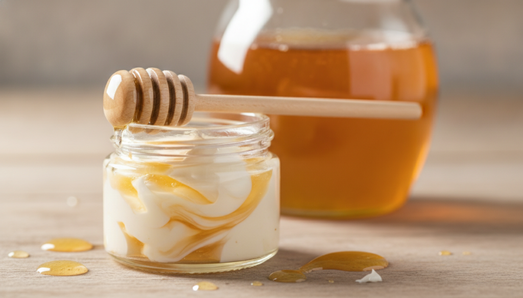 A small amount of Vaseline mixed with honey in a container with a honey dipper and a small jar of honey beside it indica