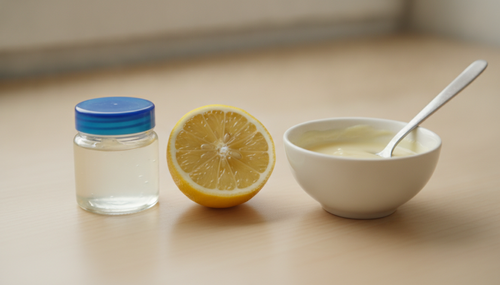 Ingredients for a DIY Vaseline and lemon balm showing a small jar of Vaseline a freshly cut lemon and a small mixing bow