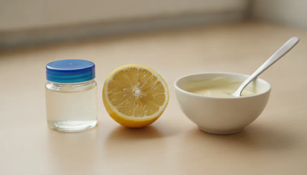 Ingredients for a DIY Vaseline and lemon balm showing a small jar of Vaseline a freshly cut lemon and a small mixing bow