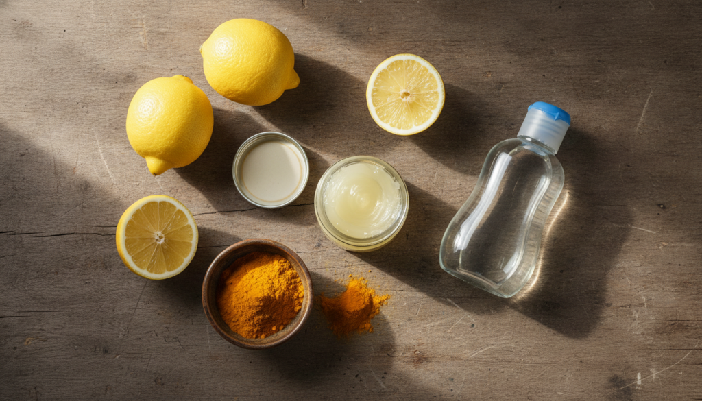 Ingredients for a DIY beauty recipe a jar of Vaseline a bottle of Johnson s Baby Oil fresh lemons and turmeric powder in