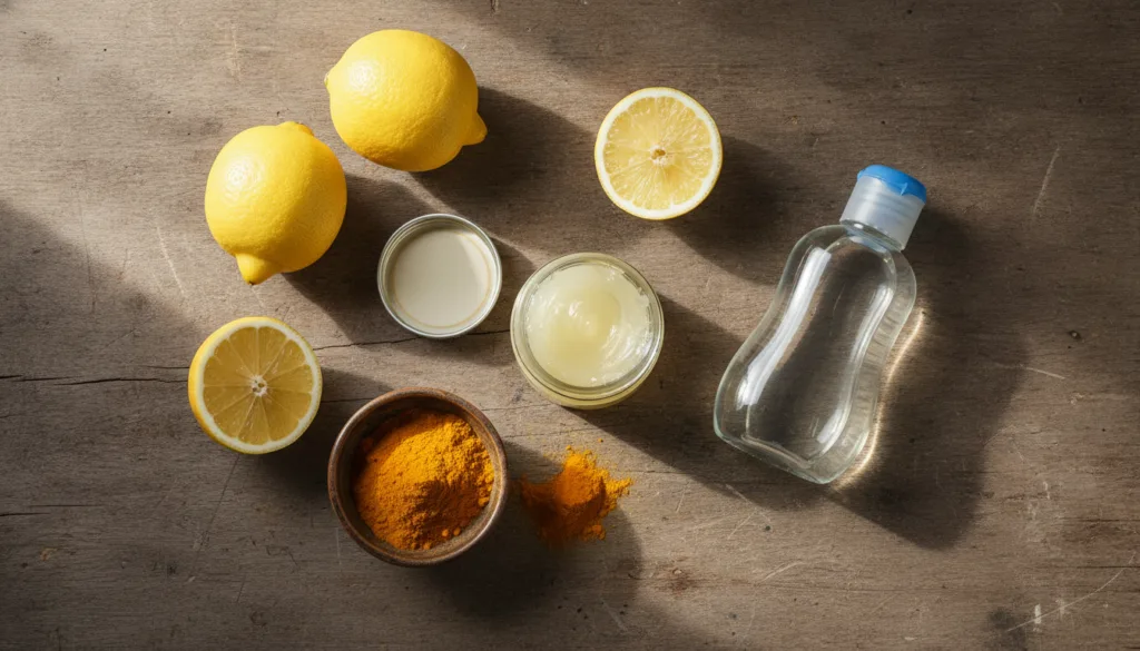 Ingredients for a DIY beauty recipe a jar of Vaseline a bottle of Johnson s Baby Oil fresh lemons and turmeric powder in