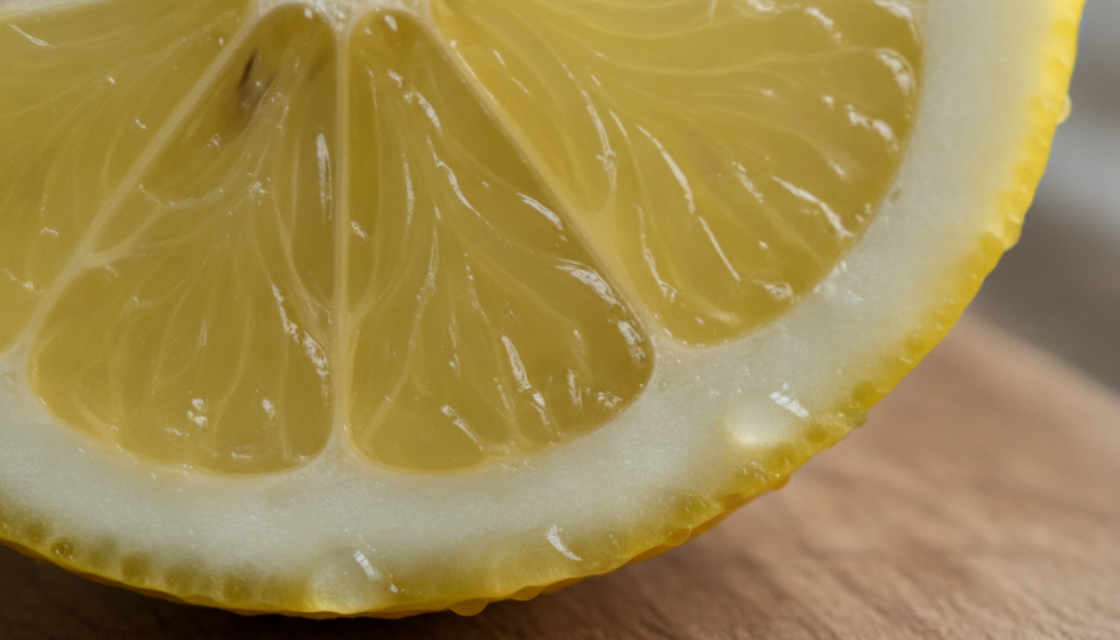 A close-up of a sliced lemon showing its juicy segments with a few drops of water or juice glistening on the cut surface