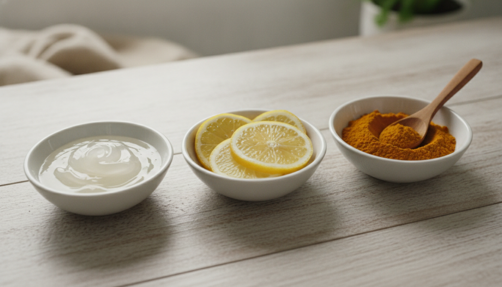 Three small bowls containing Vaseline sliced lemon and turmeric powder arranged neatly on a wooden surface with soft nat