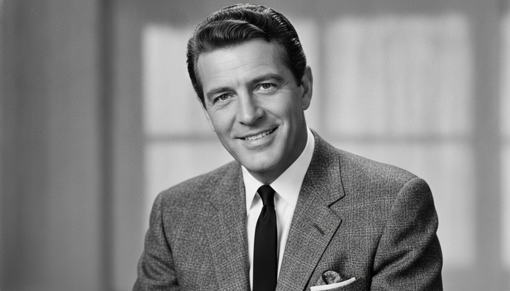 Dean Martin in a gray tweed blazer slim black tie and relaxed smile looking charismatic