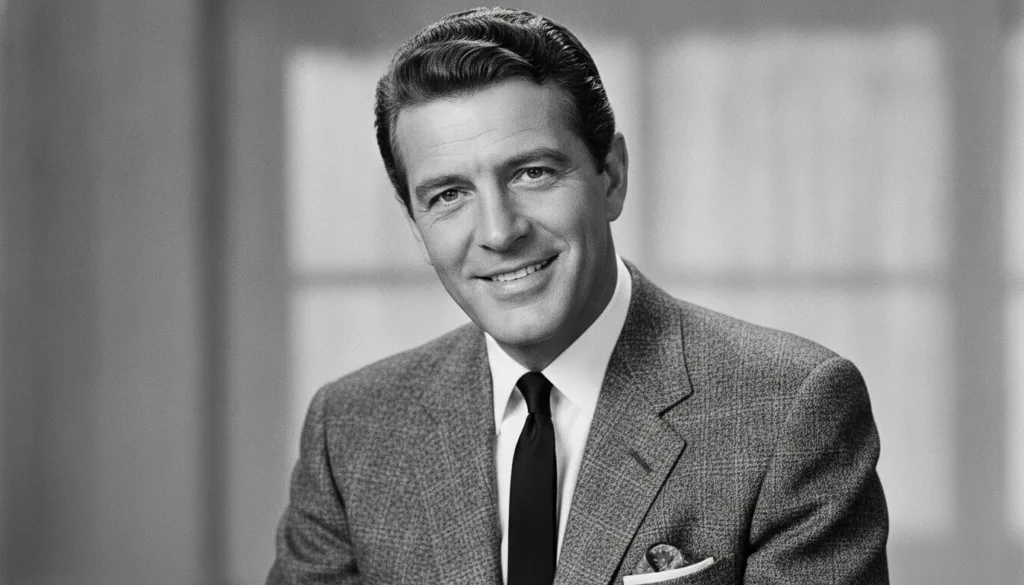 Dean Martin in a gray tweed blazer slim black tie and relaxed smile looking charismatic