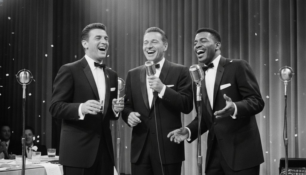 Dean Martin performing with Frank Sinatra and Sammy Davis Jr on stage embodying The Rat Pack s iconic camaraderie