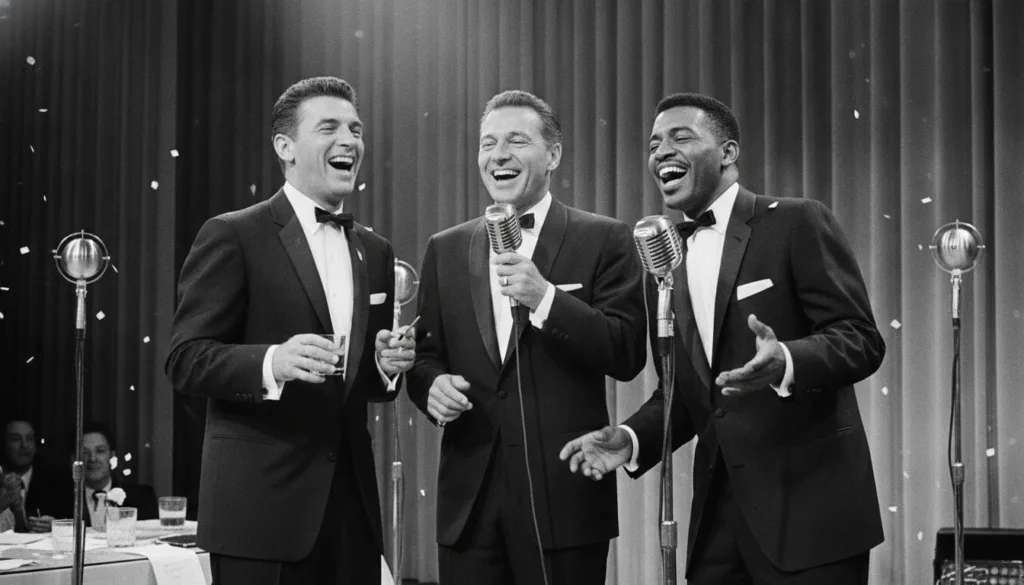 Dean Martin performing with Frank Sinatra and Sammy Davis Jr on stage embodying The Rat Pack s iconic camaraderie