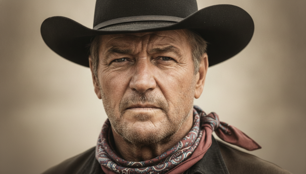 A classic portrait of John Wayne in his iconic cowboy hat and bandana with a steely gaze embodying rugged Western mascul