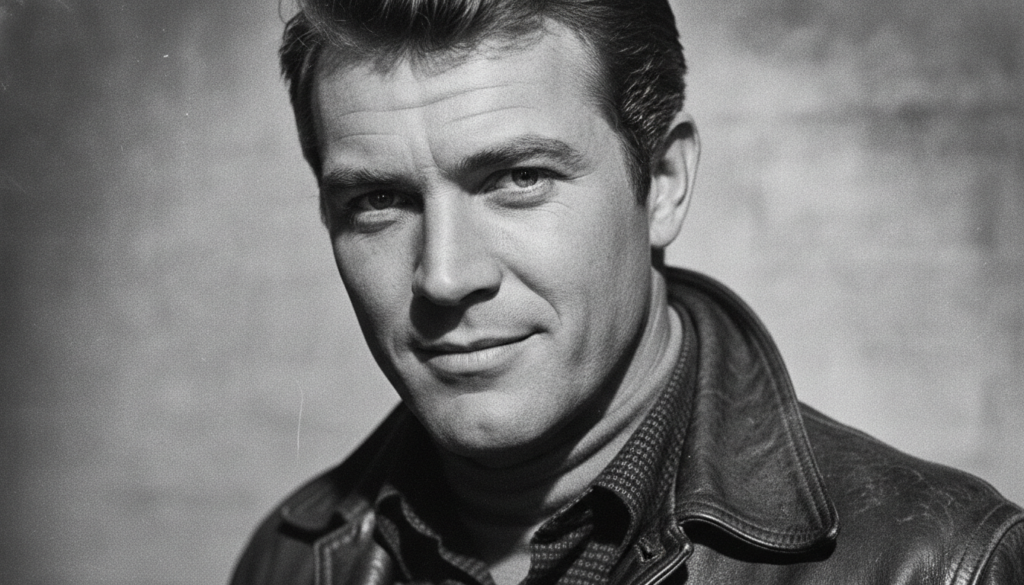 A close-up portrait of a young Steve McQueen with a slightly upturned collar a confident smirk and a piercing gaze His h