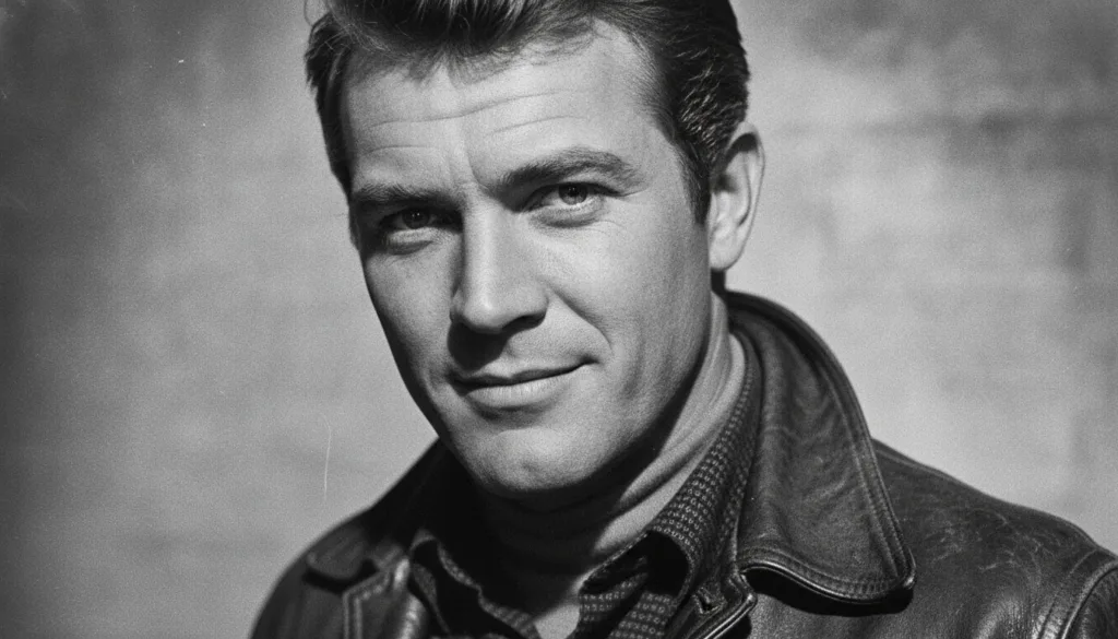 A close-up portrait of a young Steve McQueen with a slightly upturned collar a confident smirk and a piercing gaze His h