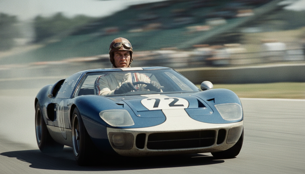 Steve McQueen in his racing gear either in a race car or on a motorcycle looking focused and determined The setting shou
