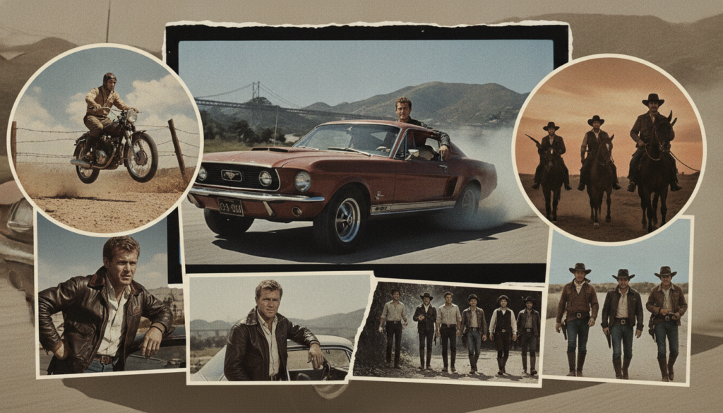 A collage or montage of iconic Steve McQueen movie stills from films like The Great Escape Bullitt The Magnificent Seven