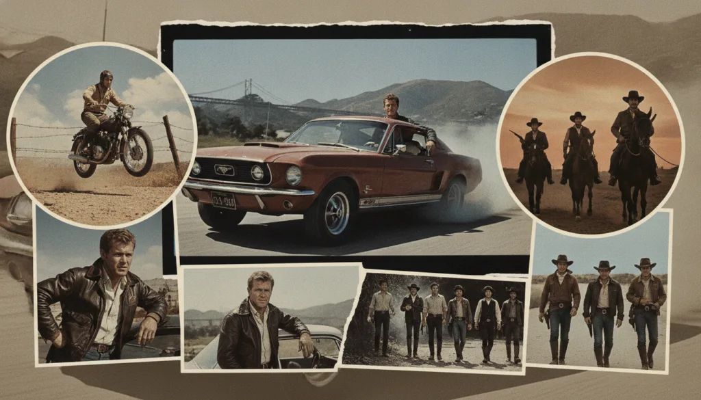 A collage or montage of iconic Steve McQueen movie stills from films like The Great Escape Bullitt The Magnificent Seven