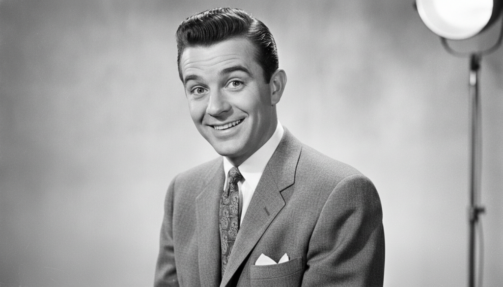 A black and white portrait of Jerry Lewis from the 1950s smiling broadly with expressive eyebrows a neat pompadour and w