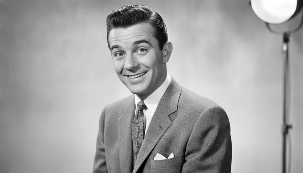 A black and white portrait of Jerry Lewis from the 1950s smiling broadly with expressive eyebrows a neat pompadour and w