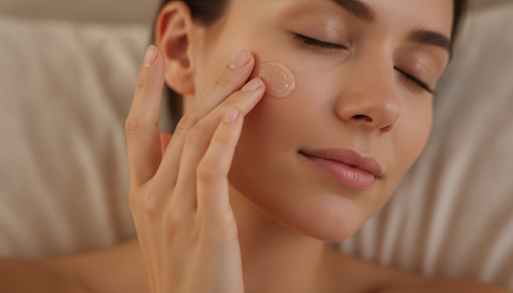 A woman applying a small amount of the night gel to her face at night with a soft focus on her hand and cheek