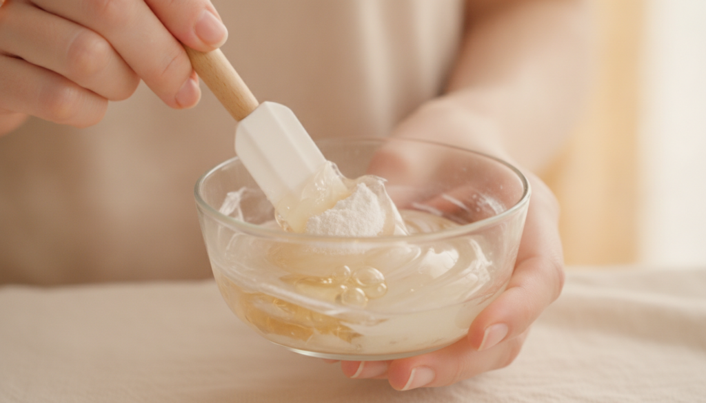 A person mixing Vaseline baby oil and white powder in a small glass bowl with a mini spatula