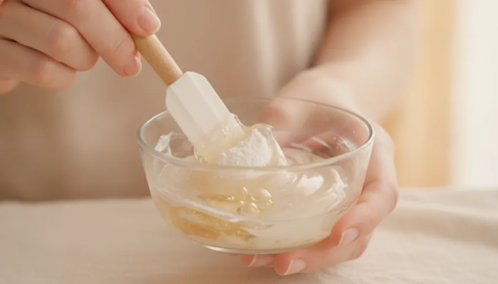 A person mixing Vaseline baby oil and white powder in a small glass bowl with a mini spatula