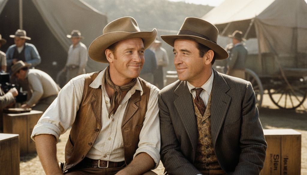Robert Redford and Paul Newman together in a scene from Butch Cassidy and the Sundance Kid or The Sting showing their ic