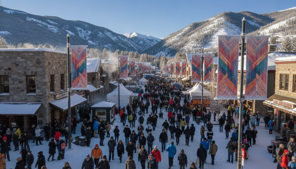 An aerial shot of the Sundance Film Festival in Park City Utah bustling with activity or a portrait of Robert Redford at