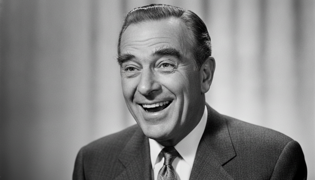 A black and white portrait of a smiling Jack Lemmon with his characteristic expressive face and arched eyebrows