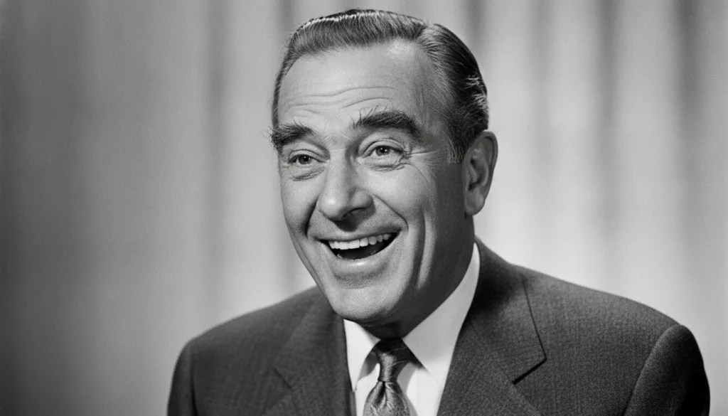 A black and white portrait of a smiling Jack Lemmon with his characteristic expressive face and arched eyebrows