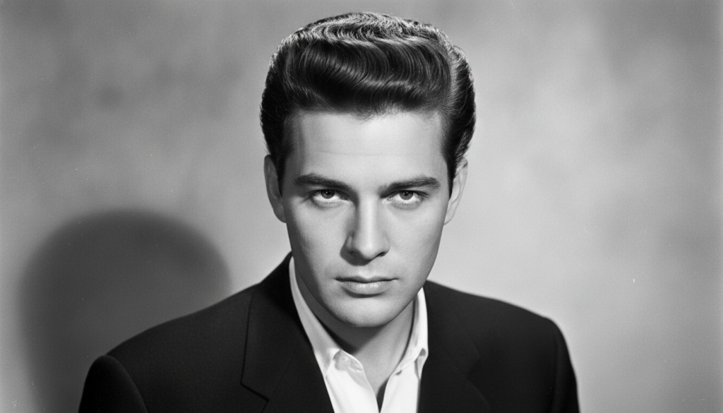 A striking black and white portrait of a young Tony Curtis with his signature black pompadour hairstyle and intense gaze