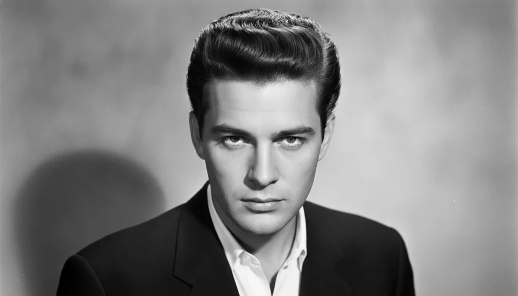A striking black and white portrait of a young Tony Curtis with his signature black pompadour hairstyle and intense gaze
