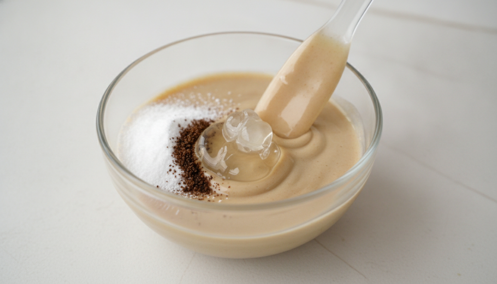 Close-up of a small bowl with baking soda Vaseline and ground cloves being mixed into a paste with a spoon