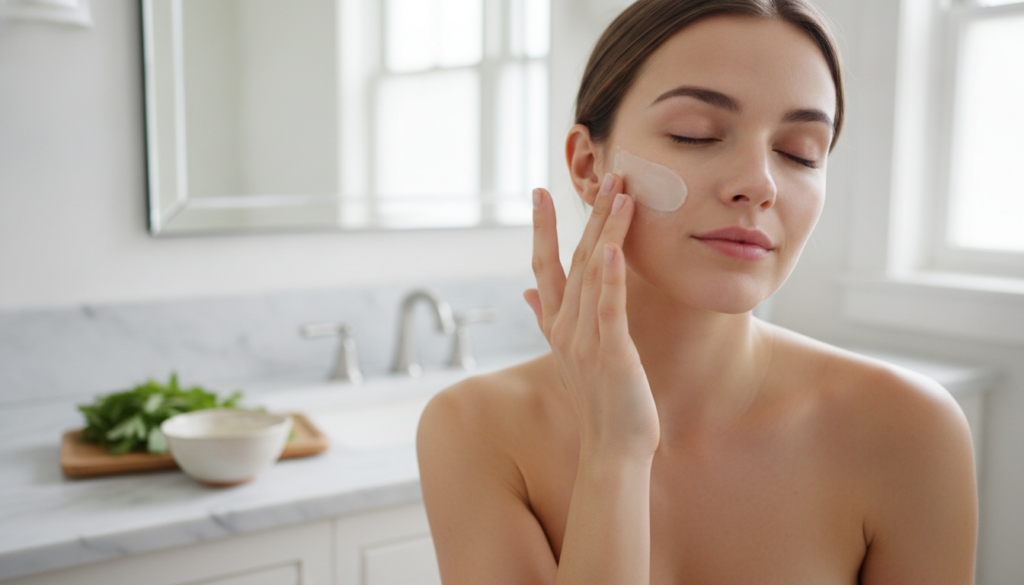A woman gently applying a thin layer of the homemade face mask to her clean face avoiding the eye area