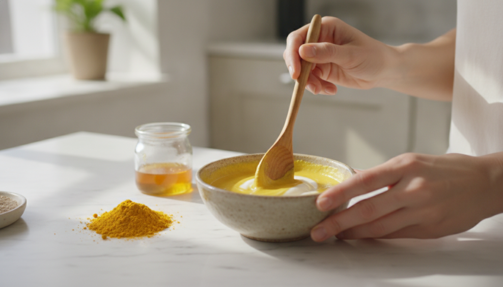 A woman s hands mixing the face mask ingredients in a small bowl with a wooden spoon showing the smooth yellow paste bei