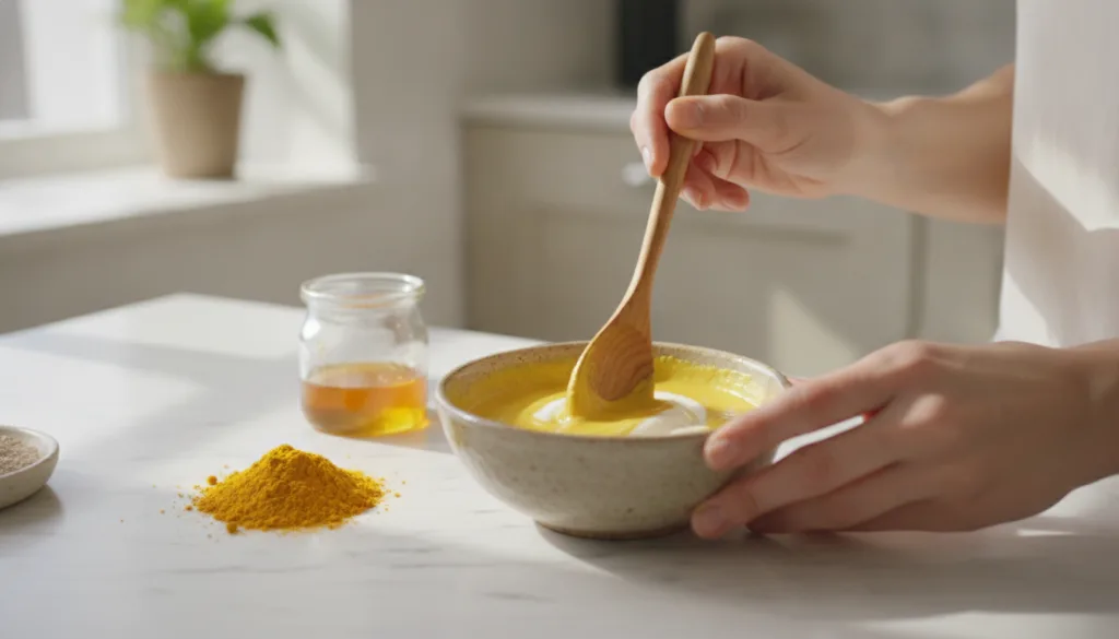 A woman s hands mixing the face mask ingredients in a small bowl with a wooden spoon showing the smooth yellow paste bei