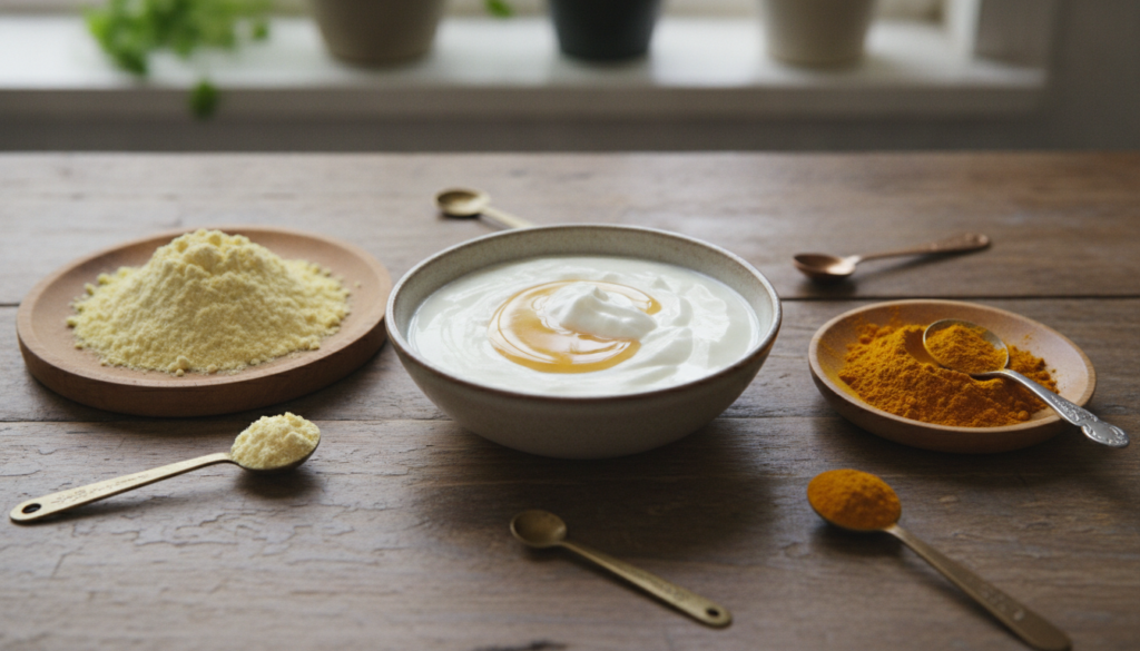 A close-up shot of the raw ingredients gram flour turmeric powder plain yogurt and honey arranged neatly on a rustic woo
