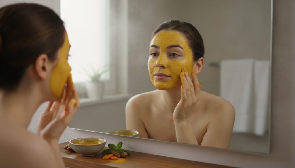 A woman applying the yellow turmeric-based face mask to her clean face in a bathroom mirror showing a gentle even applic
