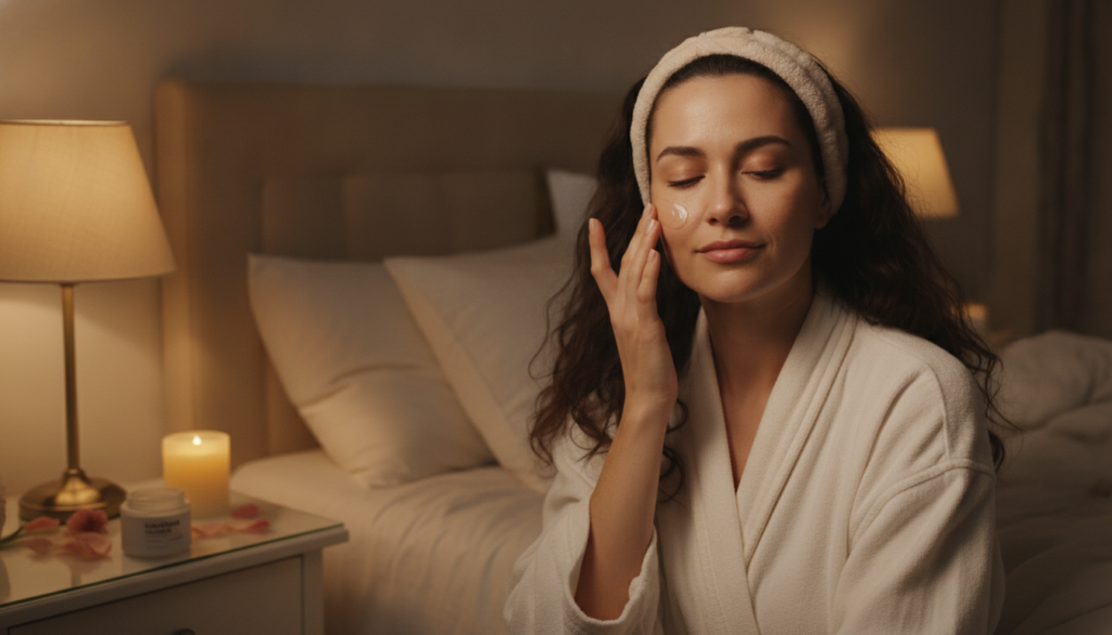 A woman gently applying a thin layer of a face mask or serum to her face at night in a dimly lit cozy bedroom setting