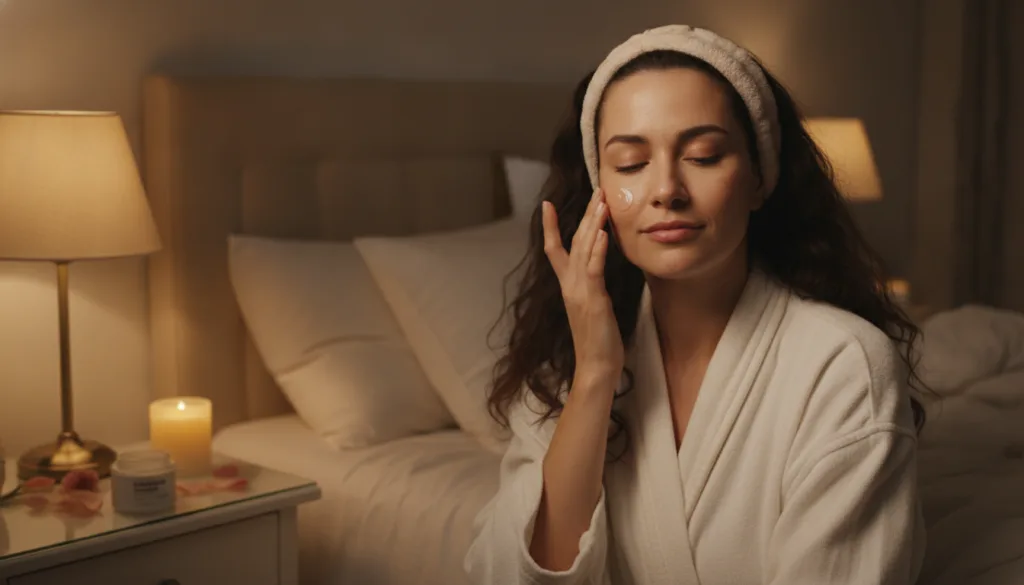 A woman gently applying a thin layer of a face mask or serum to her face at night in a dimly lit cozy bedroom setting