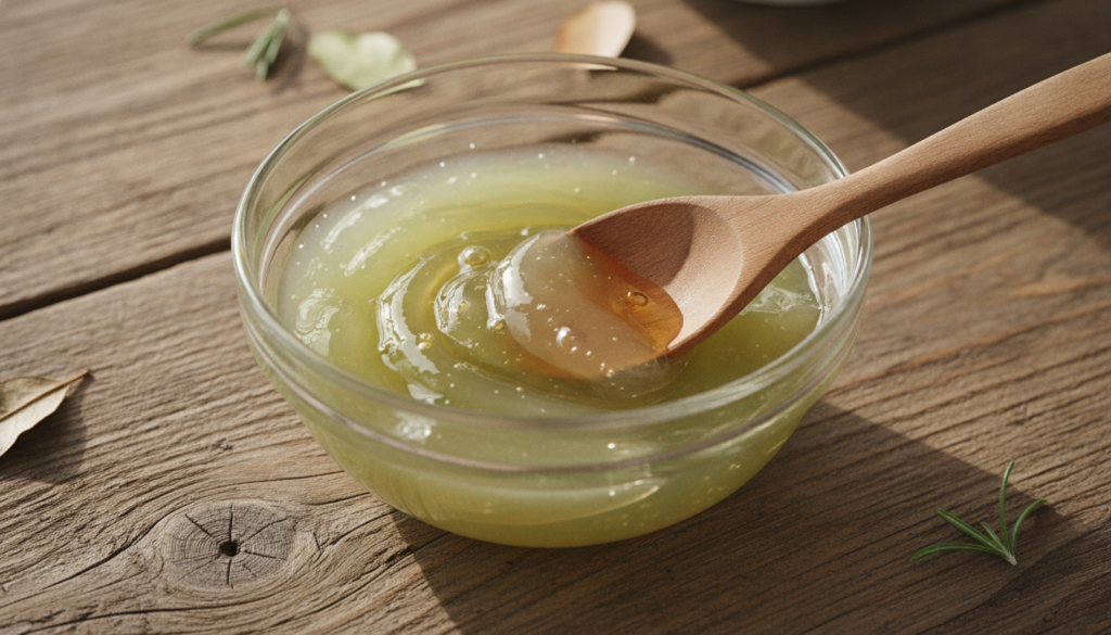 A close-up of a small glass bowl with aloe vera gel raw honey and sweet almond oil being stirred together with a small w